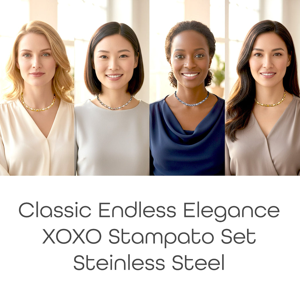 Four women wearing necklaces with the text 'Classic Endless Elegance XOXO Stampato Set Stainless Steel'.