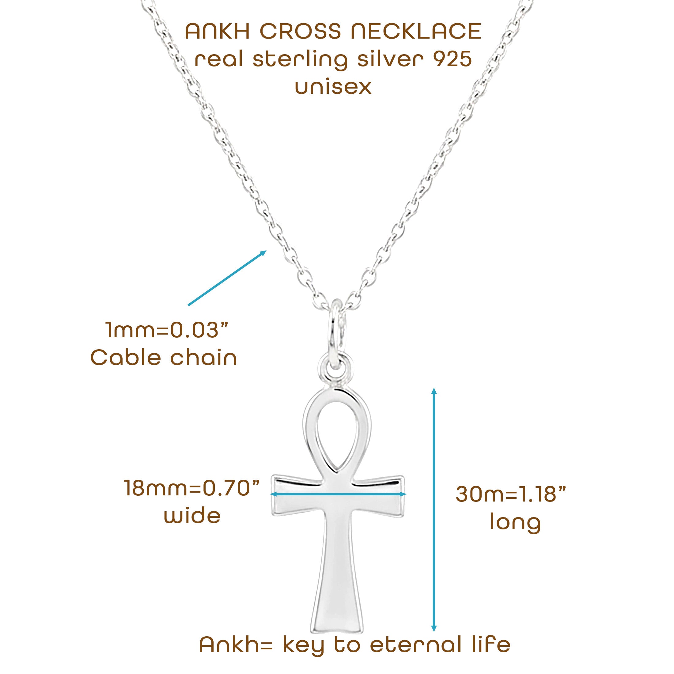 Ankh Cross Necklace - 925 Sterling Silver Egyptian Key of Life Pendant
