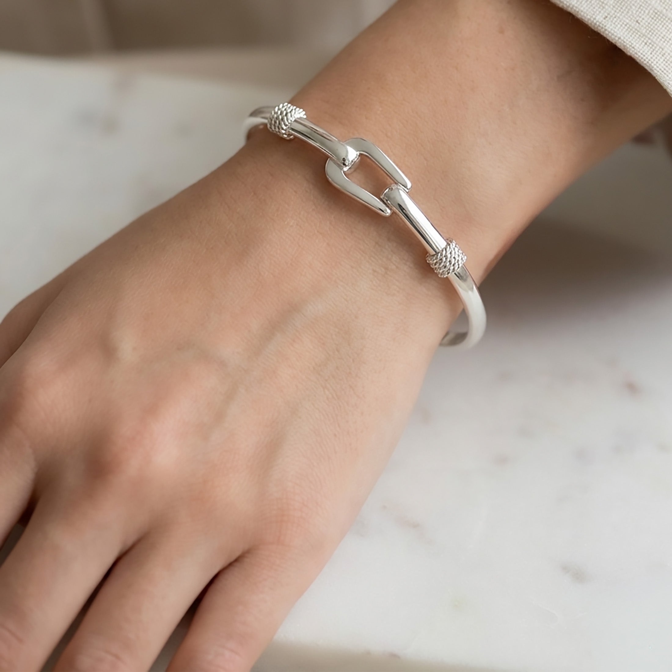Sterling Silver Buckle Bangle Bracelet – 925 Hook & Eye Cuff