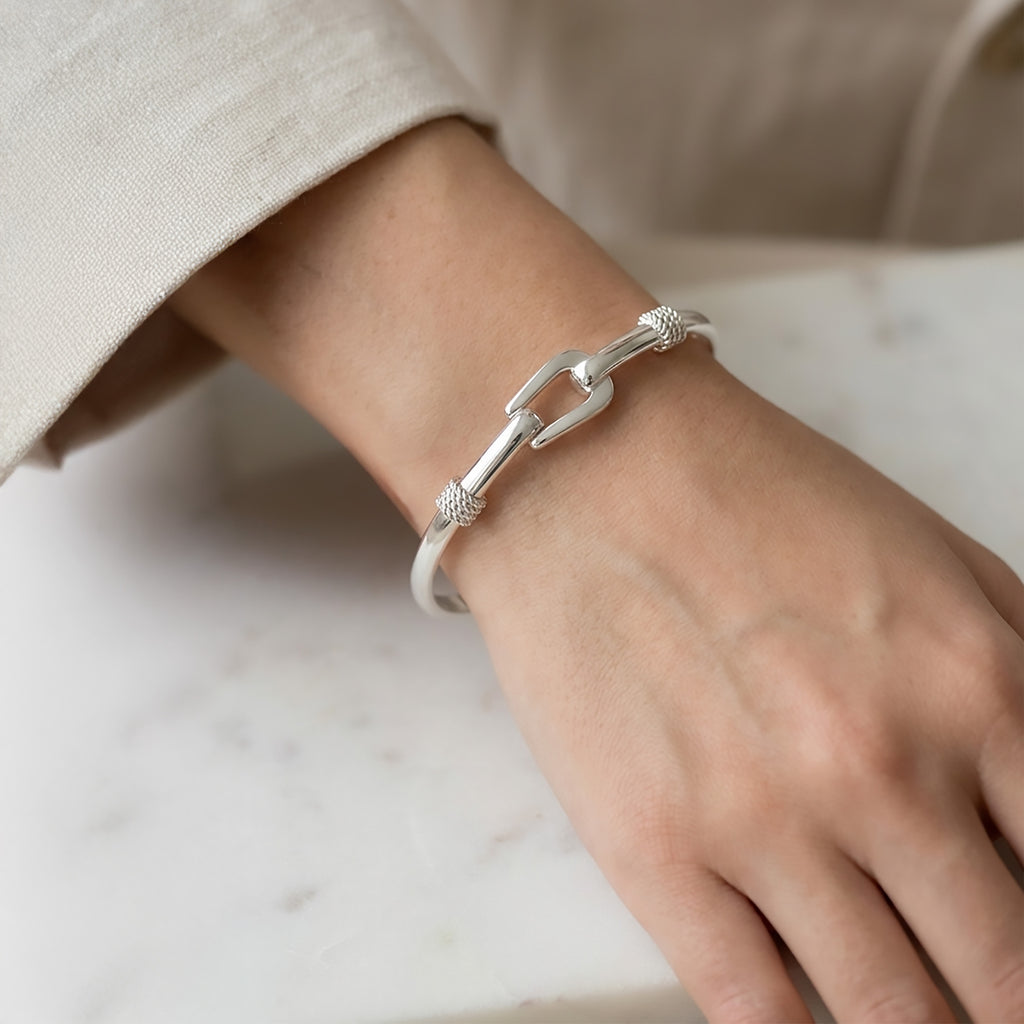 Sterling Silver Buckle Bangle Bracelet – 925 Hook & Eye Cuff