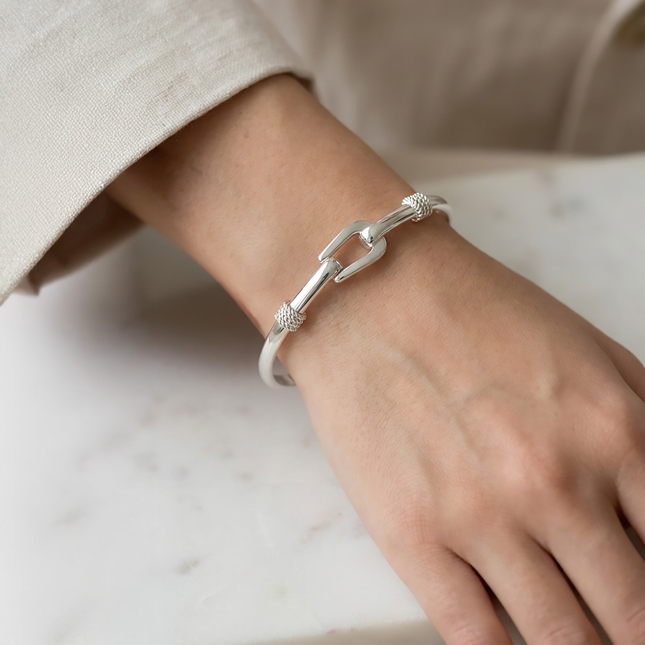 Sterling Silver Buckle Bangle Bracelet – 925 Hook & Eye Cuff