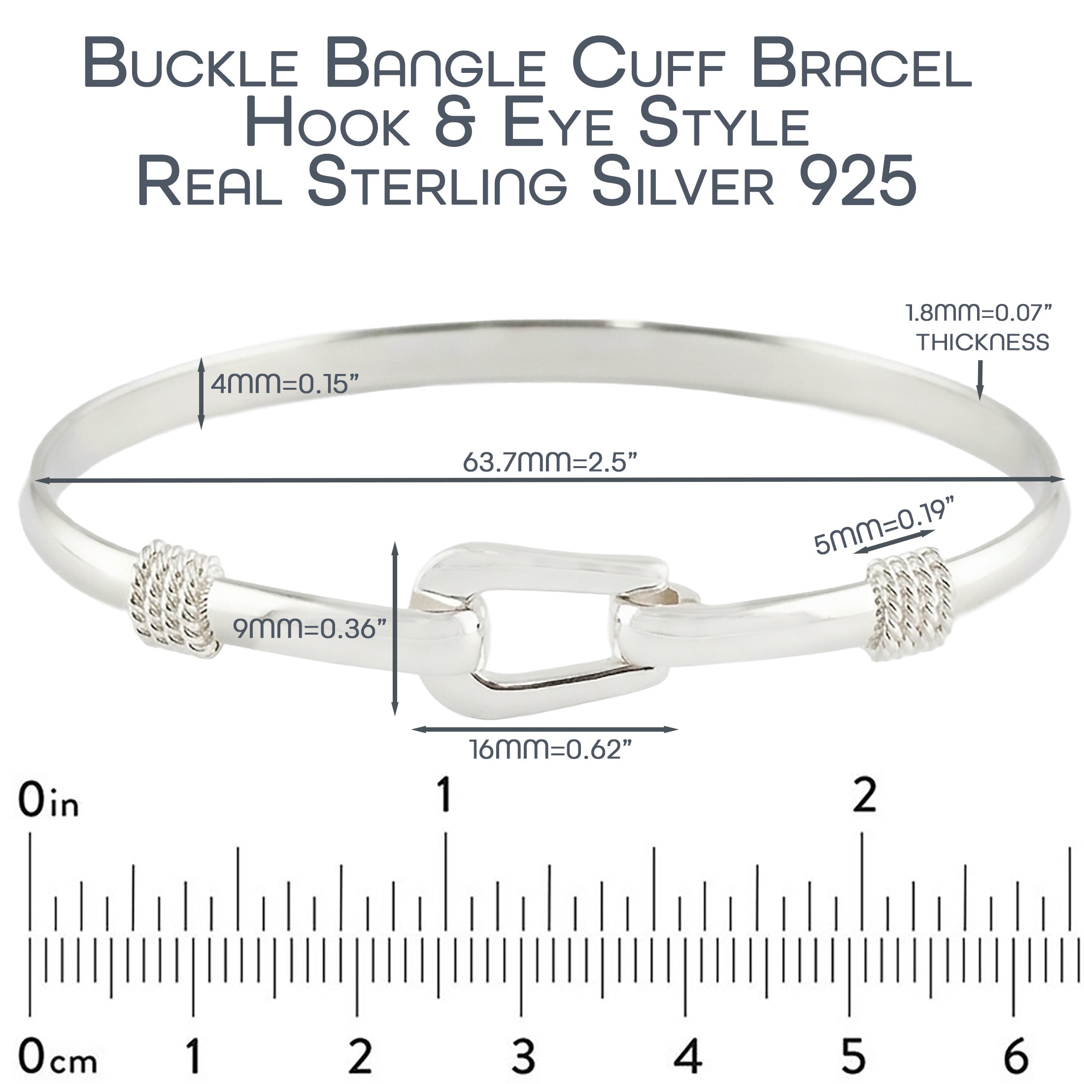 Sterling Silver Buckle Bangle Bracelet – 925 Hook & Eye Cuff