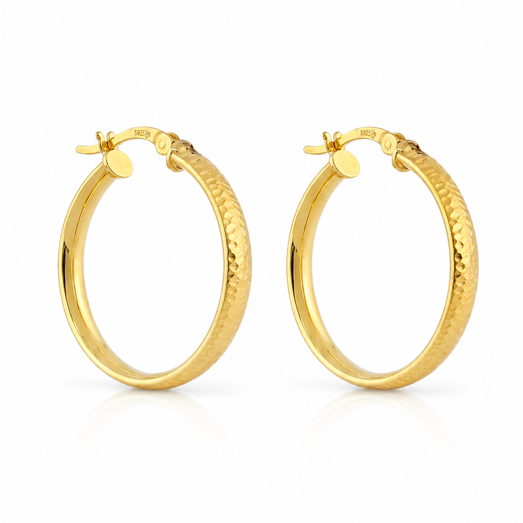 25mm Gold Plated 925 Sterling Silver Textured Hoop Earrings - Dainty & Hypoallergenic