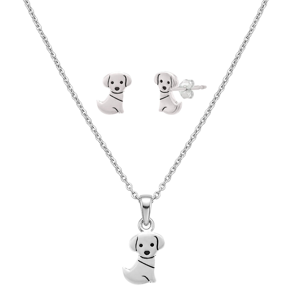 925 Sterling Silver Tiny Dog Necklace & Earrings Set | Dog Lover Jewelry