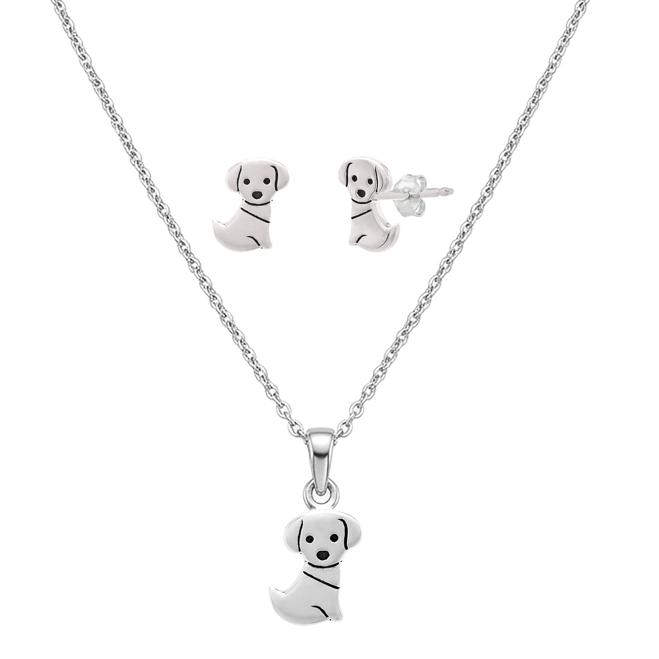 925 Sterling Silver Tiny Dog Necklace & Earrings Set | Dog Lover Jewelry