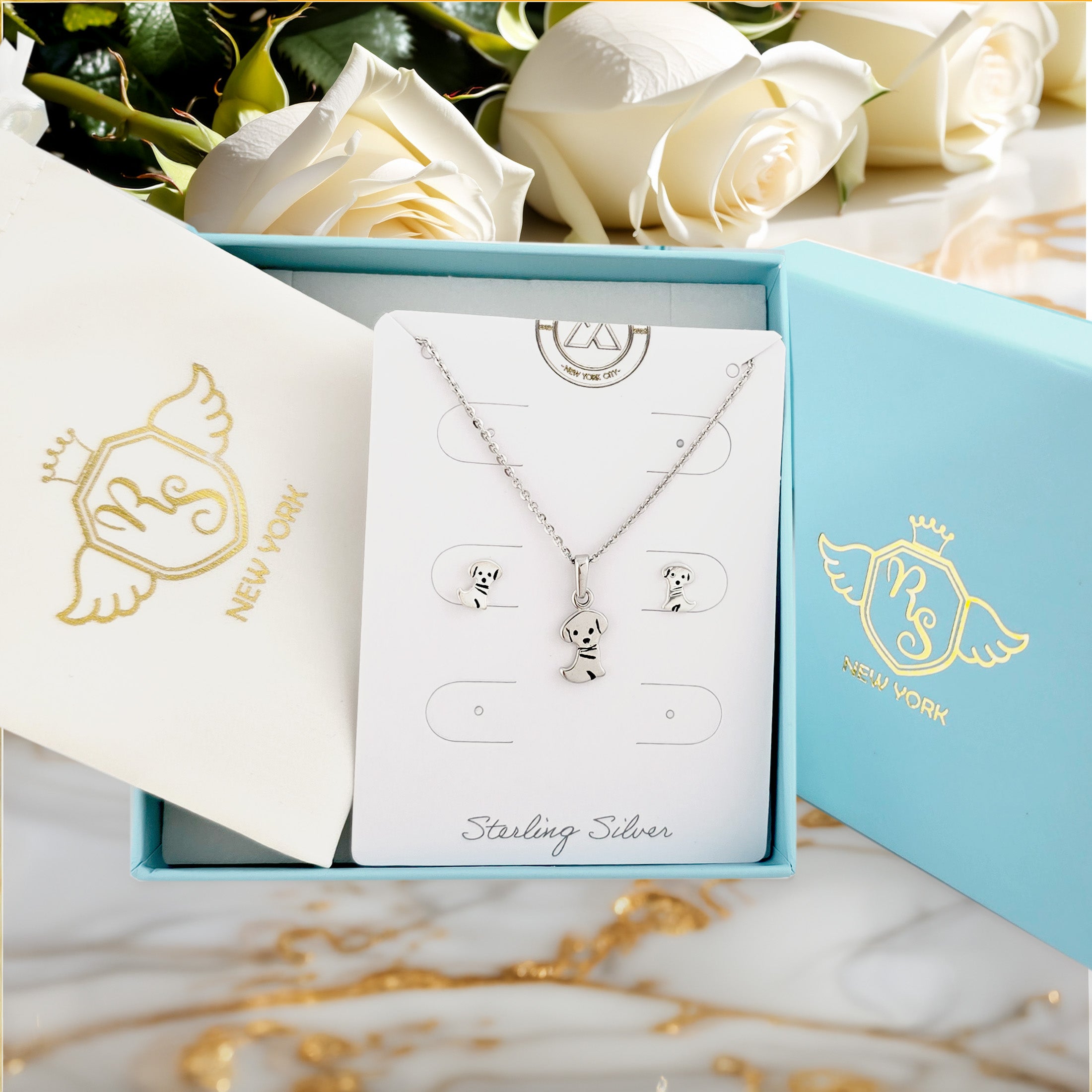 925 Sterling Silver Tiny Dog Necklace & Earrings Set | Dog Lover Jewelry