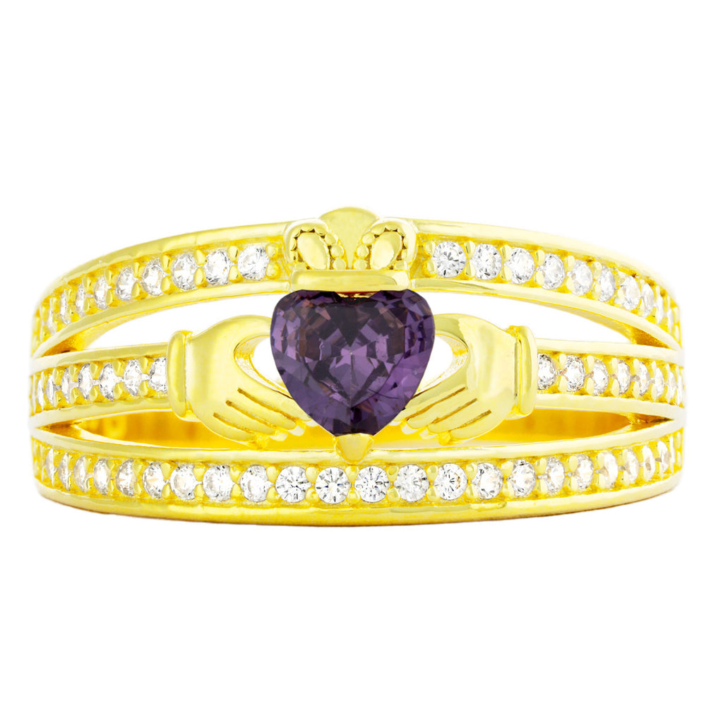 Claddagh Heart Ring Birthstone - Irish Celtic Love and Friendship Ring Sterling Silver 925 Yellow Gold Overlay | - Sterling Silver 925