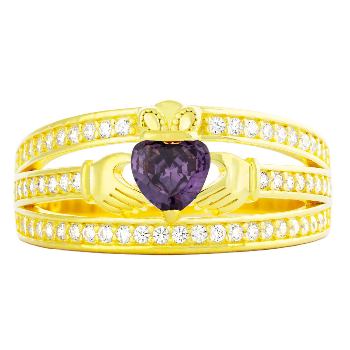 Claddagh Heart Ring Birthstone - Irish Celtic Love and Friendship Ring Sterling Silver 925 Yellow Gold Overlay | - Sterling Silver 925