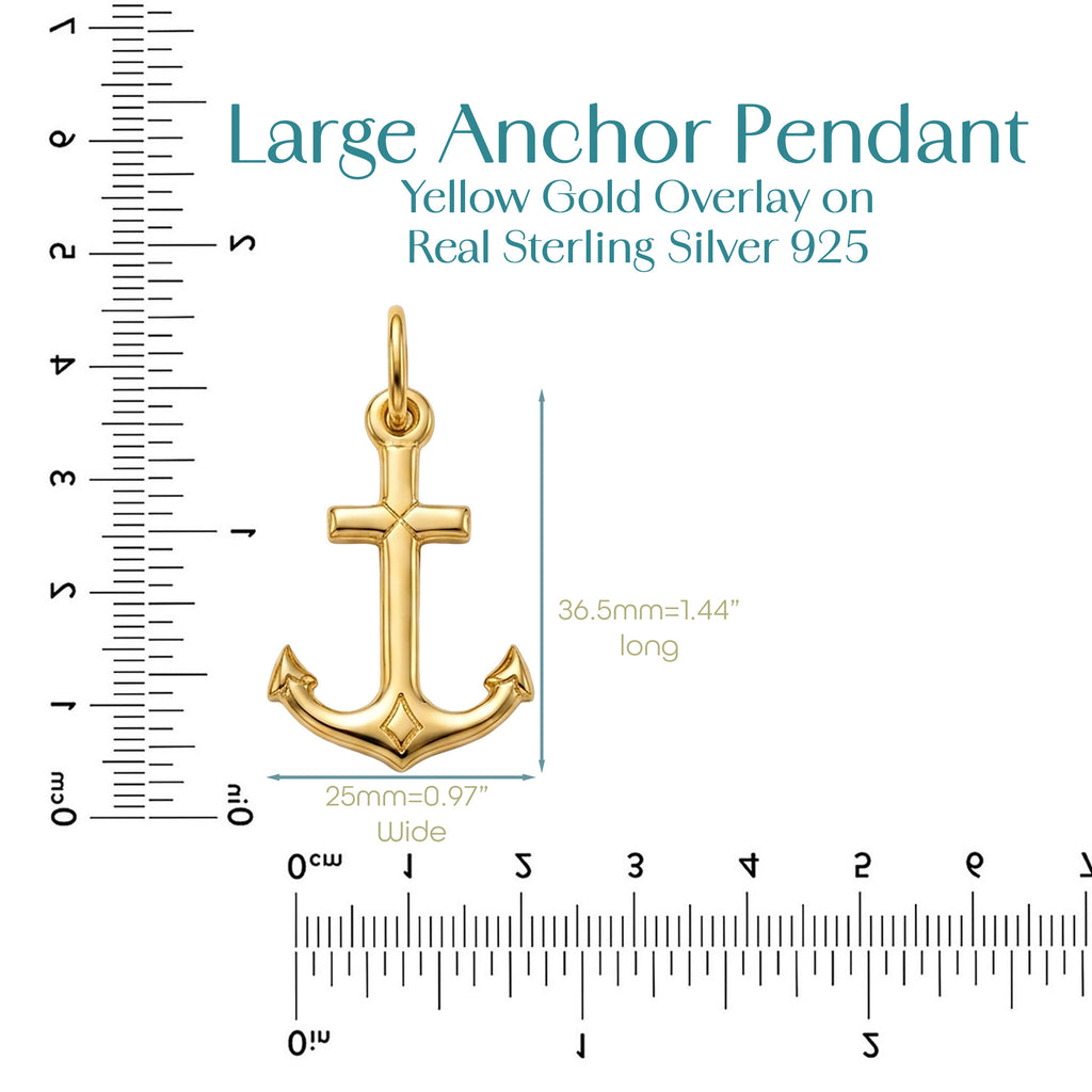 Yellow Gold Overlay 925 Sterling Silver Large Anchor Pendant Necklace 22 Inches