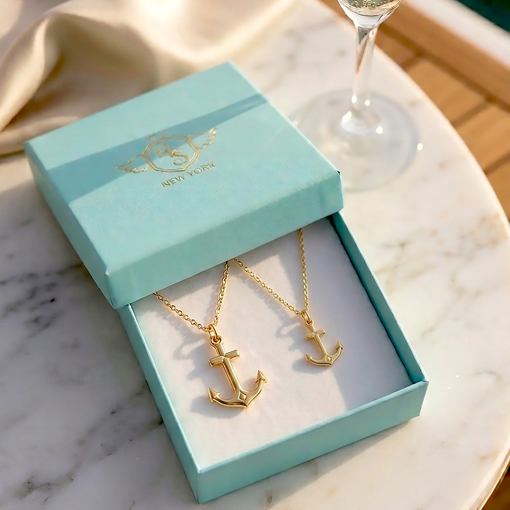 Gold Overlay 925 Sterling Silver Anchor Necklace Set – His & Hers Matching Couple Jewelry