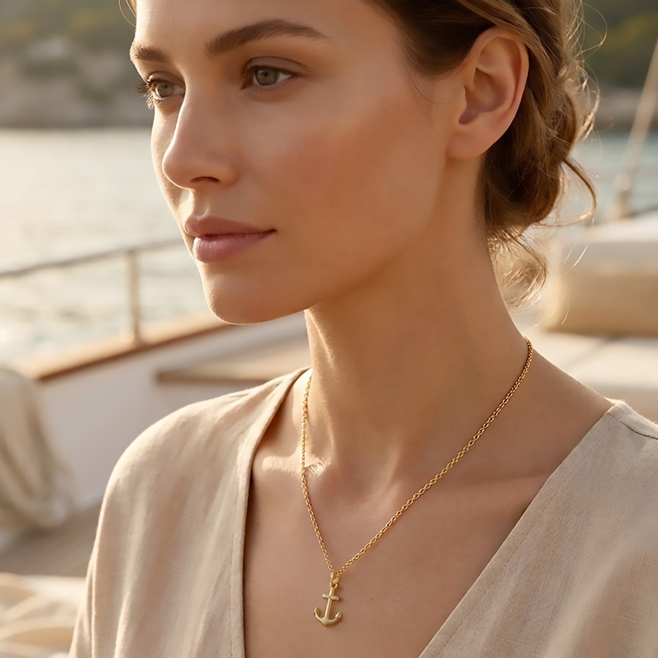 Gold Overlay 925 Sterling Silver Anchor Necklace Set – His & Hers Matching Couple Jewelry