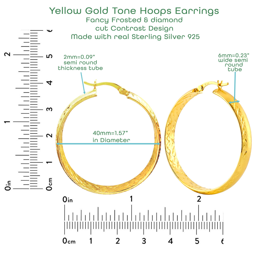 Fancy Yellow Gold Tone Frosted & Diamond Cut Hoop Earrings - 40mm Sterling Silver 925 Plated