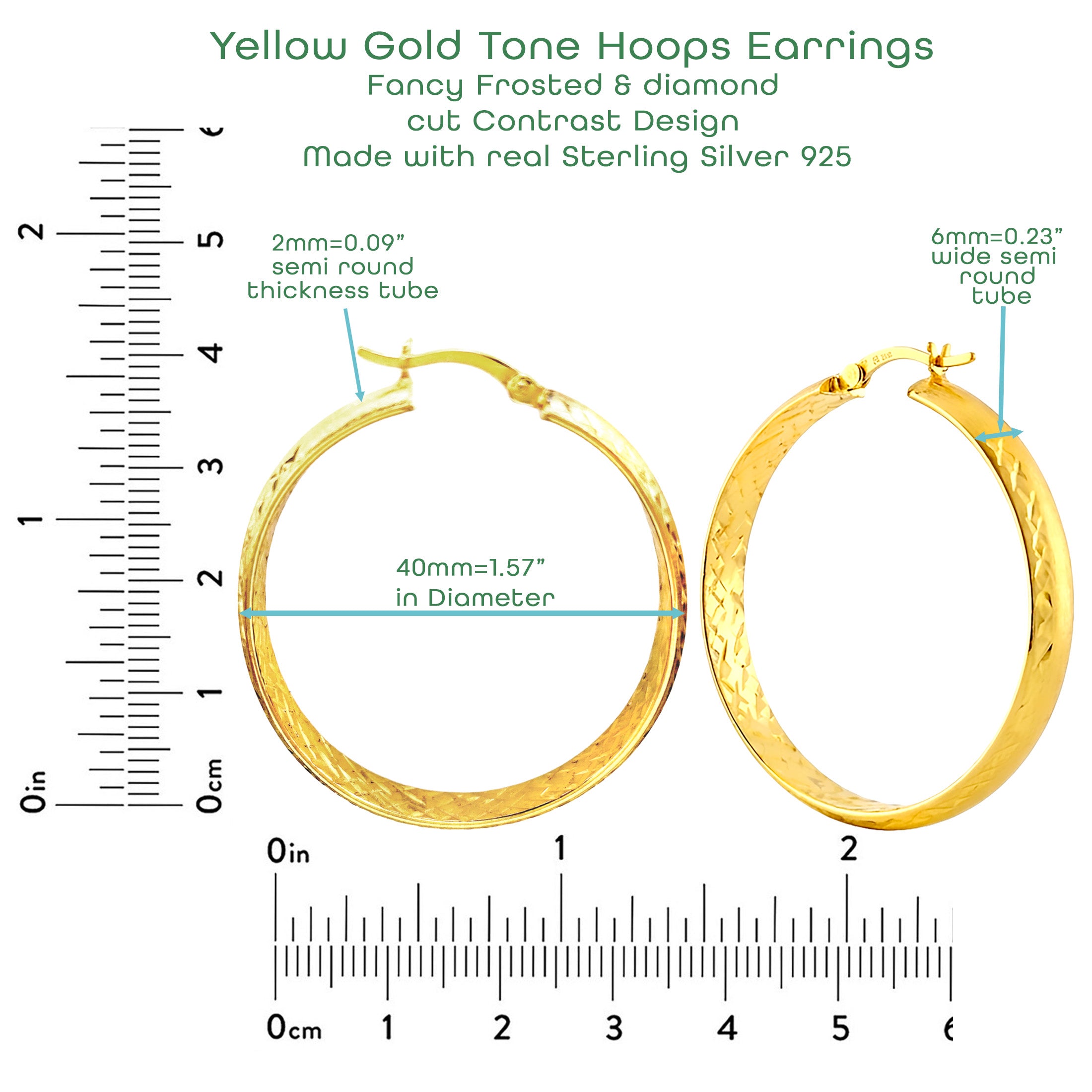 Fancy Yellow Gold Tone Frosted & Diamond Cut Hoop Earrings - 40mm Sterling Silver 925 Plated