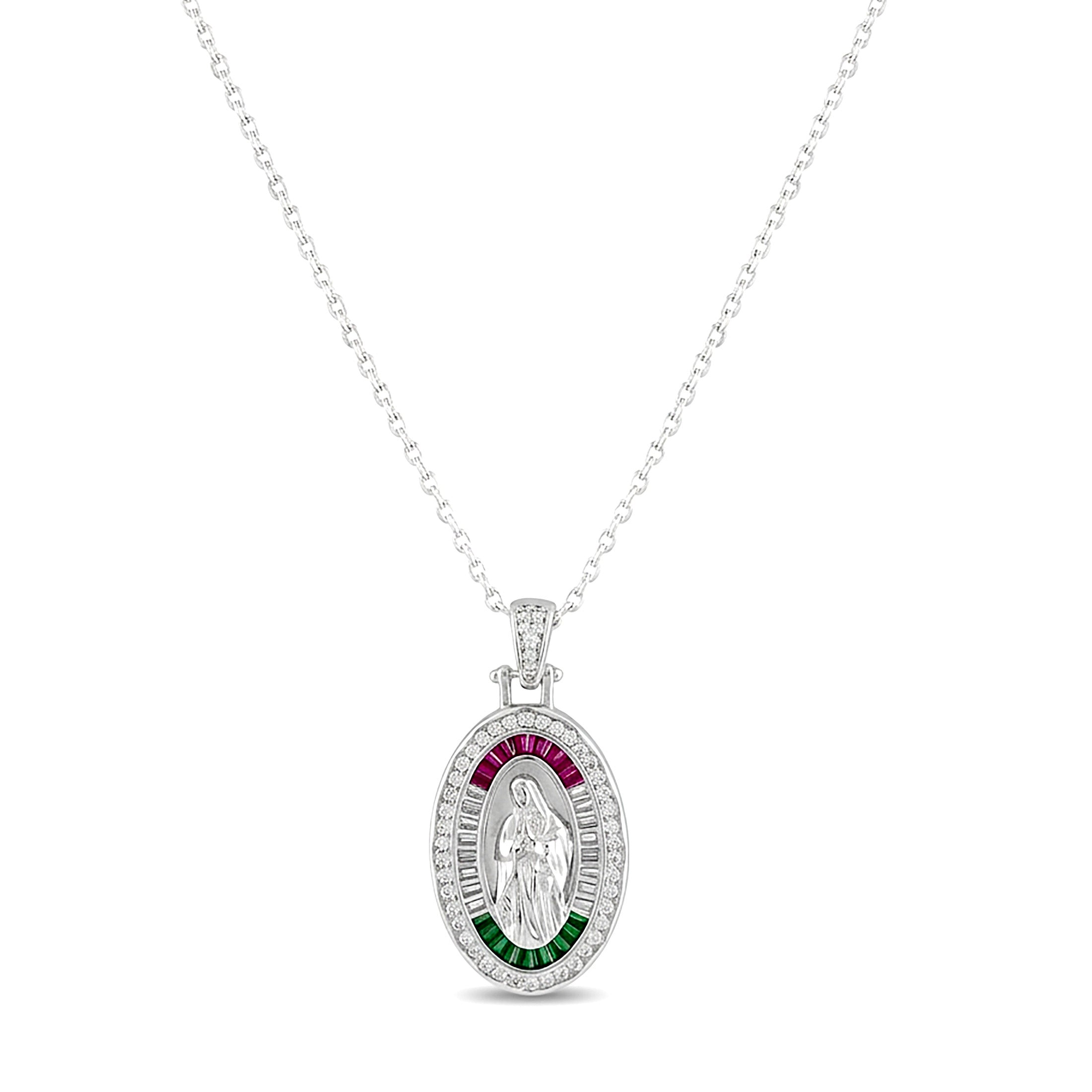 Our Lady of Guadalupe 925 Sterling Silver Pendant Necklace with Red Green & Clear CZ