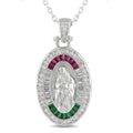 Our Lady of Guadalupe 925 Sterling Silver Pendant Necklace with Red Green & Clear CZ