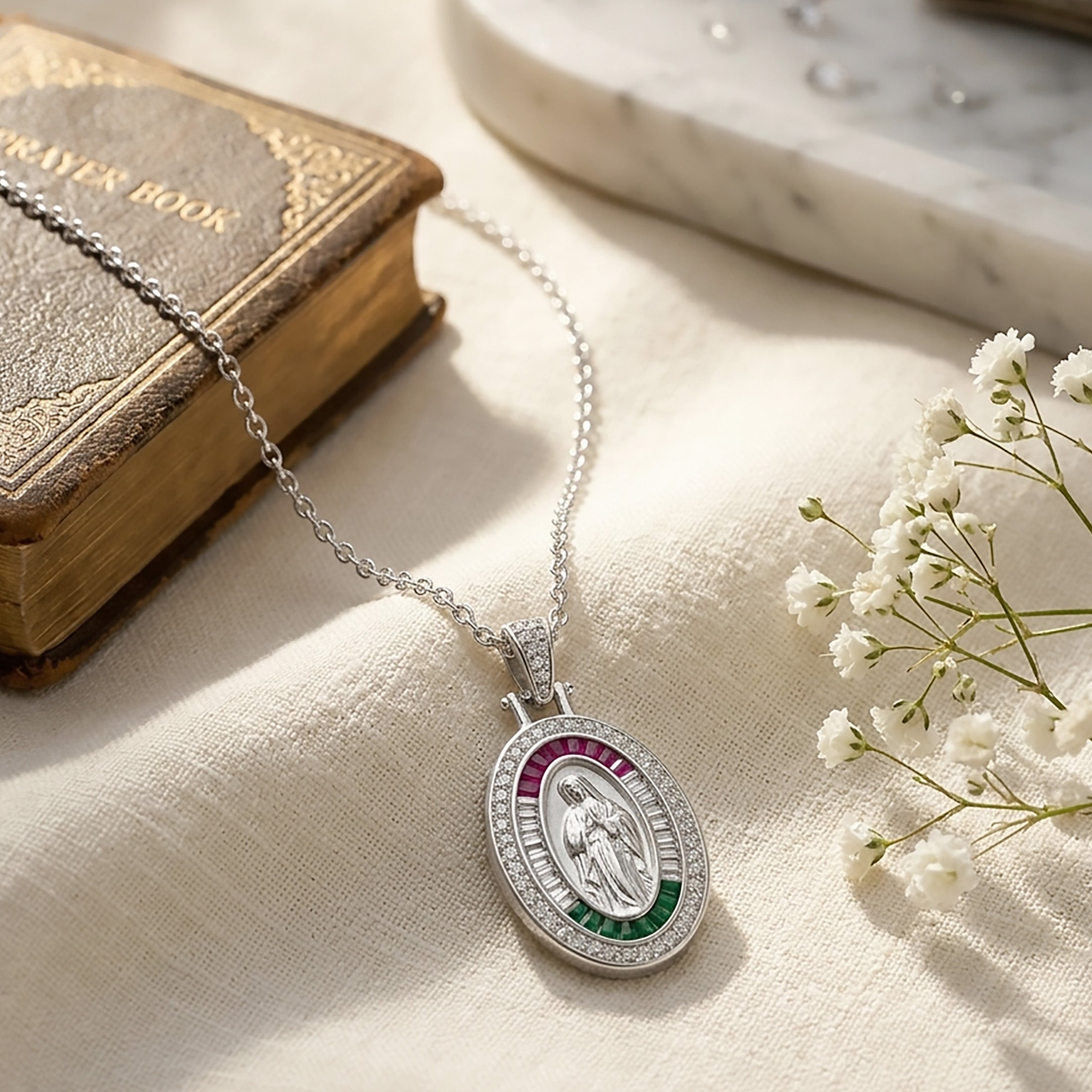 Our Lady of Guadalupe 925 Sterling Silver Pendant Necklace with Red Green & Clear CZ