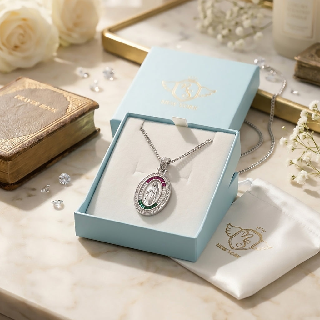 Our Lady of Guadalupe 925 Sterling Silver Pendant Necklace with Red Green & Clear CZ