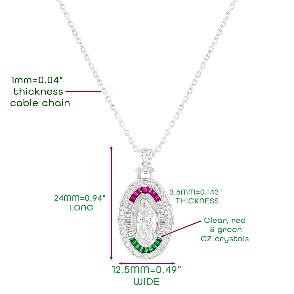 Our Lady of Guadalupe 925 Sterling Silver Pendant Necklace with Red Green & Clear CZ