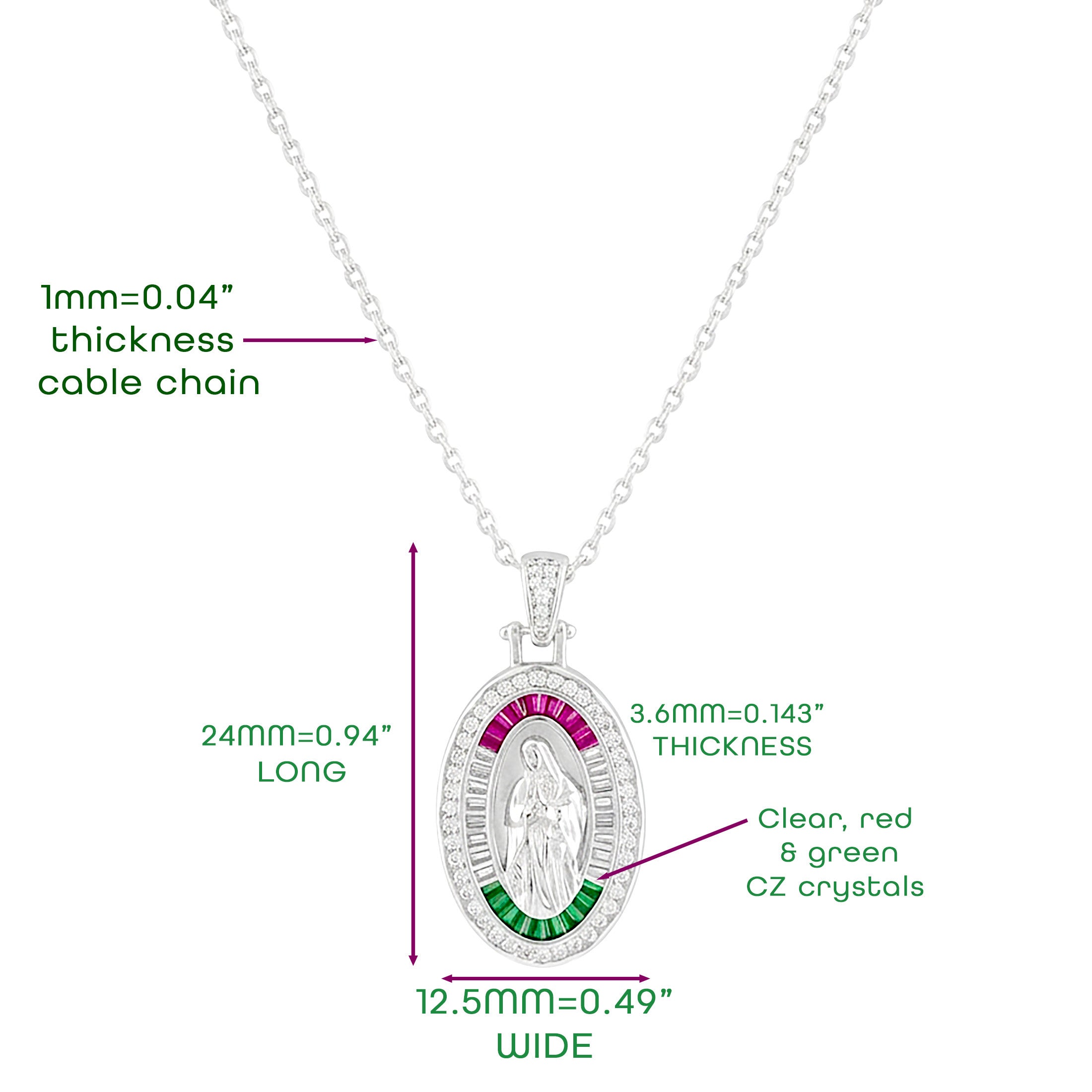 Our Lady of Guadalupe 925 Sterling Silver Pendant Necklace with Red Green & Clear CZ