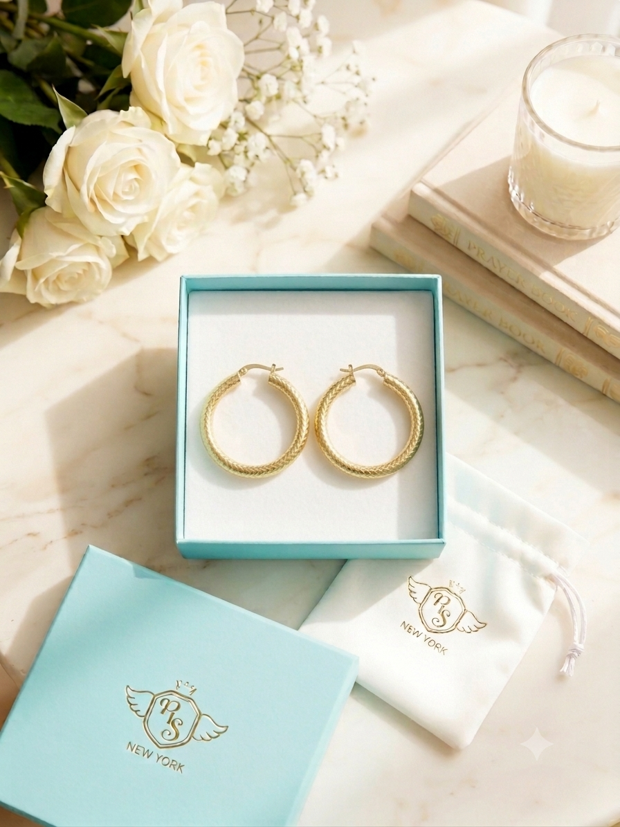 25mm Gold Plated 925 Sterling Silver Textured Hoop Earrings - Dainty & Hypoallergenic