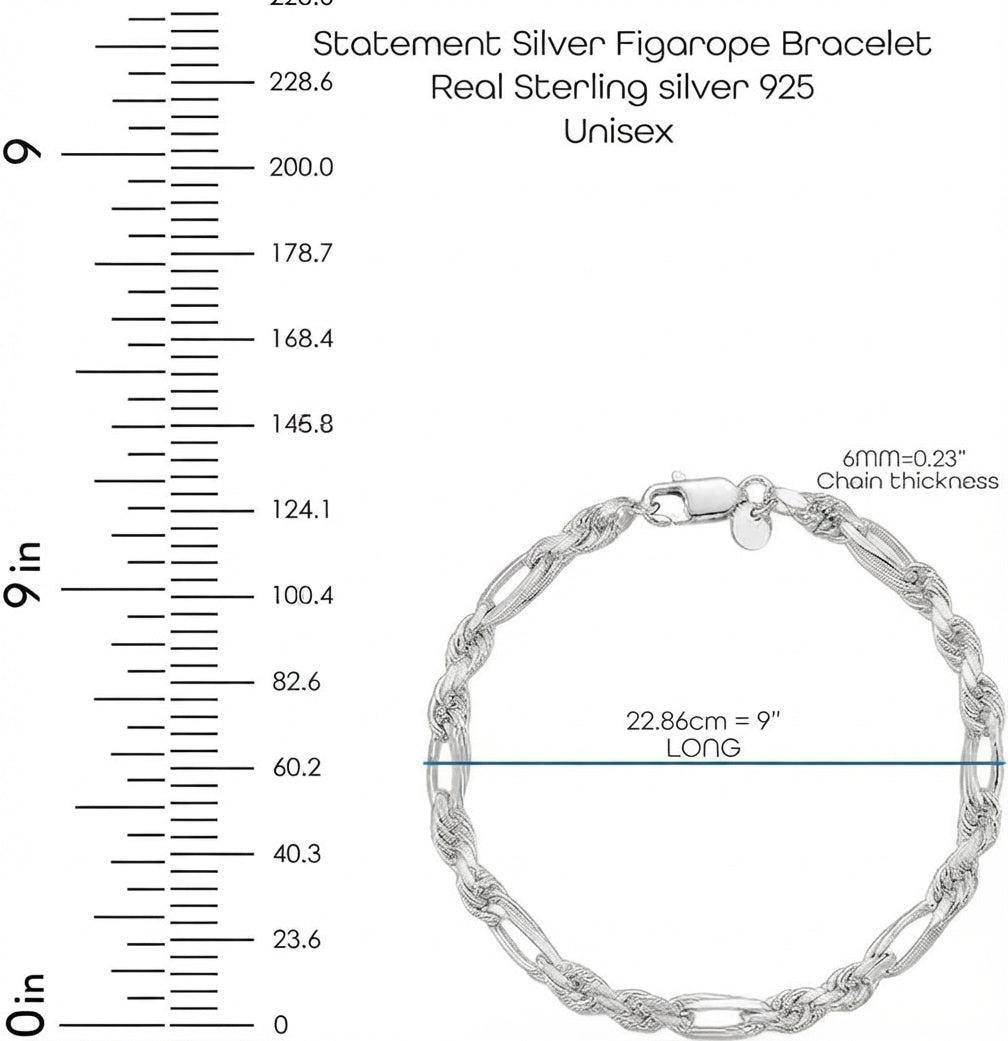 Men’s 925 Sterling Silver Figarope Bracelet — 9 Inch, 6mm
