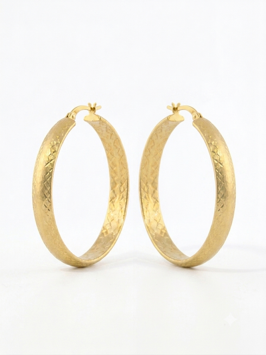 Fancy Yellow Gold Tone Frosted & Diamond Cut Hoop Earrings - 40mm Sterling Silver 925 Plated