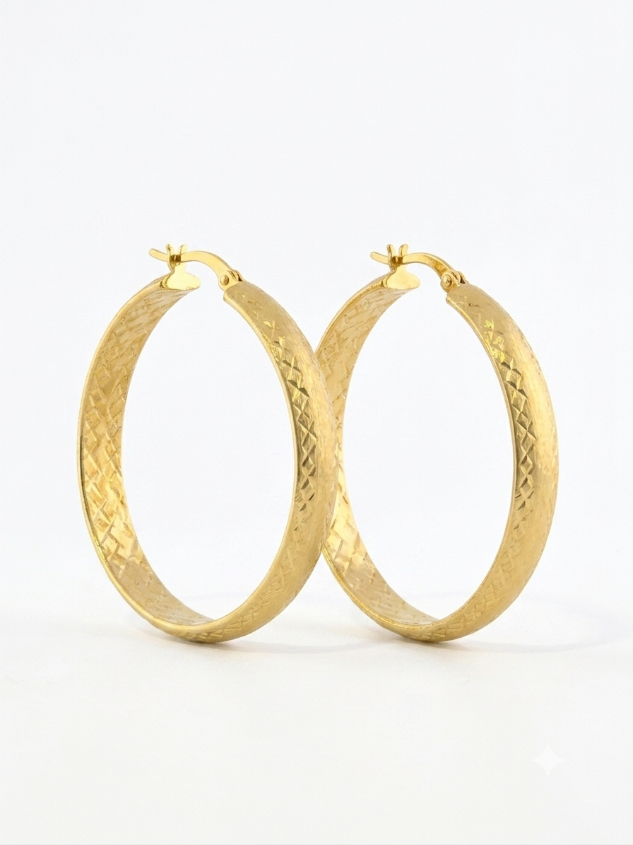 Fancy Yellow Gold Tone Frosted & Diamond Cut Hoop Earrings - 40mm Sterling Silver 925 Plated