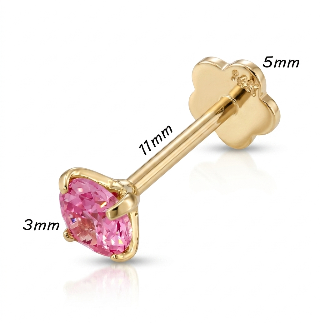 Gold earring with pink gemstone and size measurements on a white background