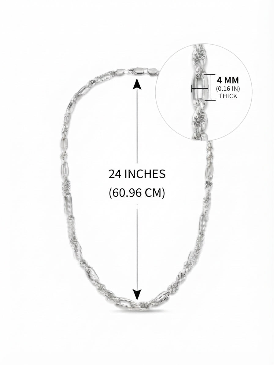 925 Sterling Silver Figarope Chain Necklace – 4mm Silver, 22" or 24"