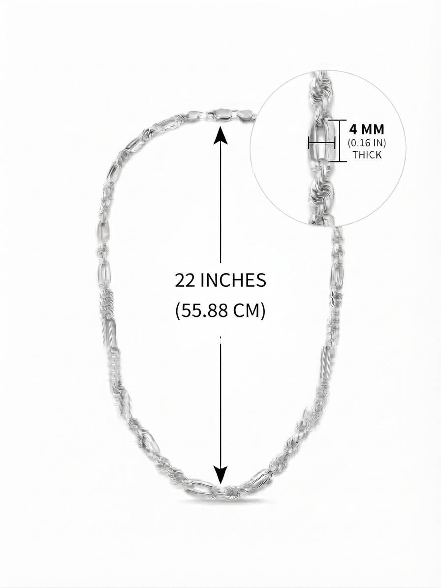 925 Sterling Silver Figarope Chain Necklace – 4mm Silver, 22" or 24"