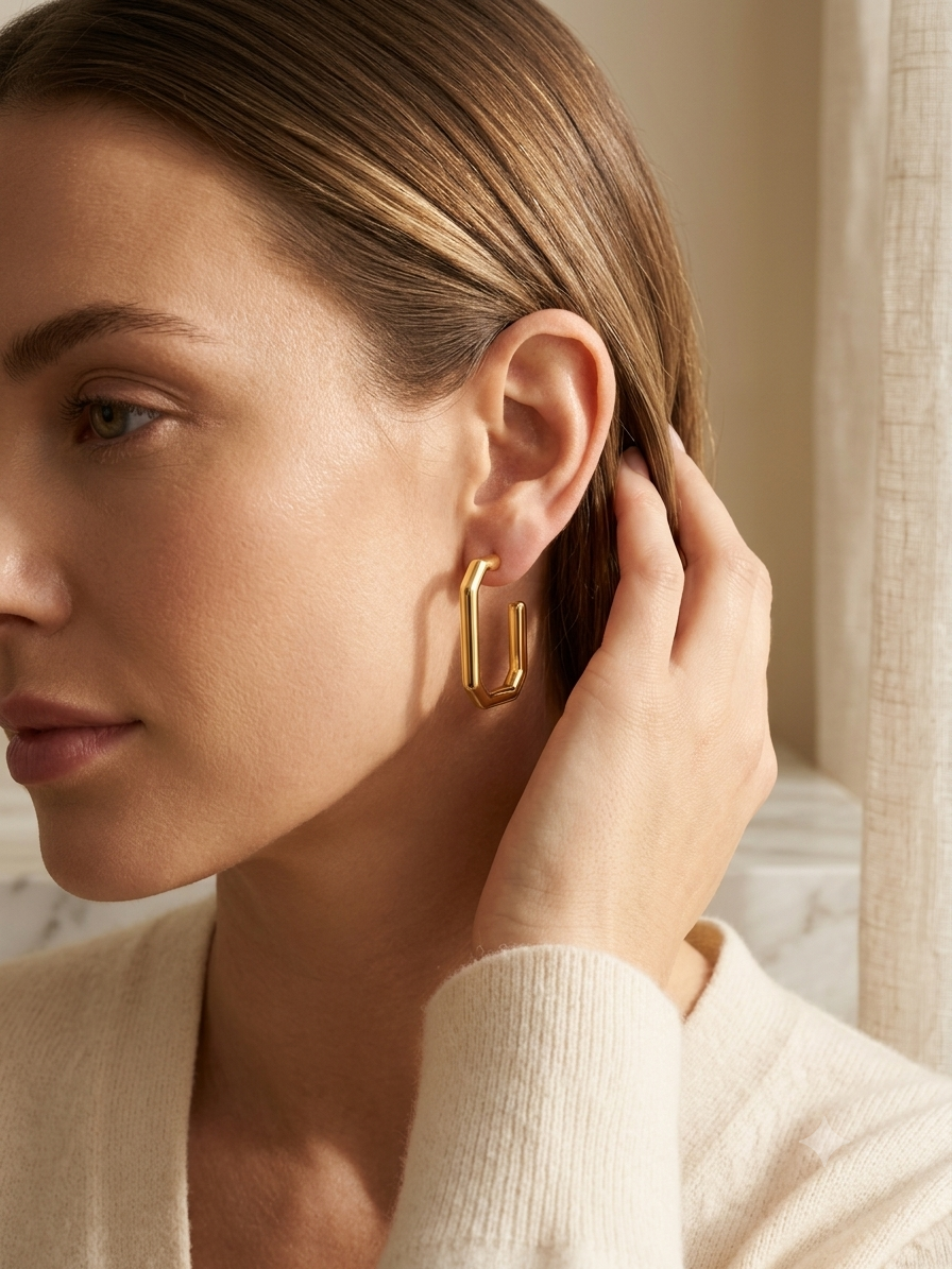 Square Geometric Hoop Earrings – Gold Tone 925 Sterling Silver Modern Minimalist Hoops