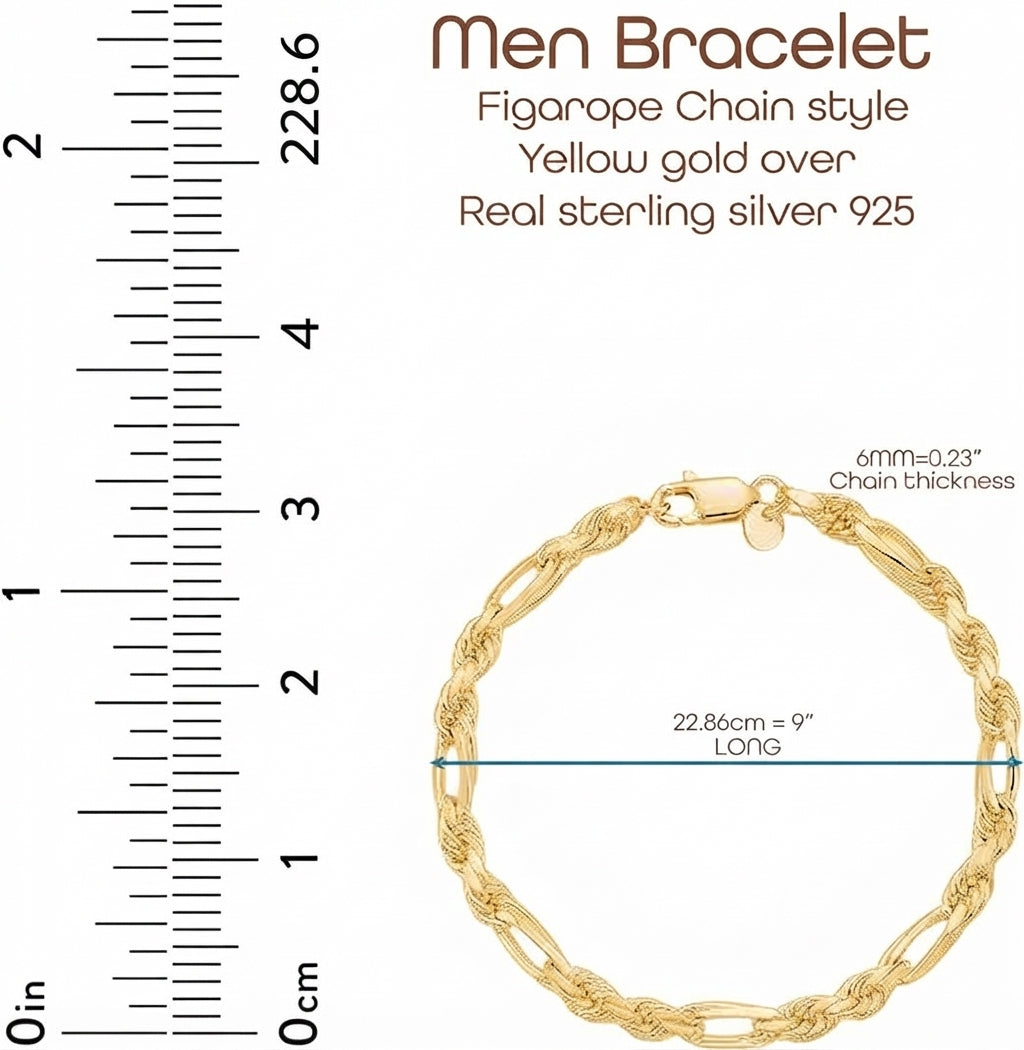 Men’s 925 Sterling Silver Figarope Bracelet — 9 Inch, 6mm