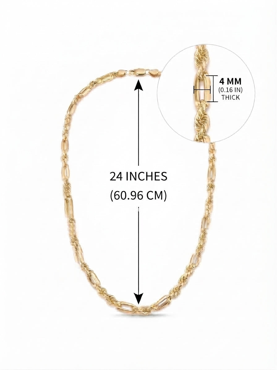925 Sterling Silver Gold Plated Figarope Chain Necklace – 4mm, 22" or 24"