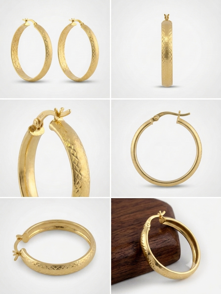 Fancy Yellow Gold Tone Frosted & Diamond Cut Hoop Earrings - 40mm Sterling Silver 925 Plated