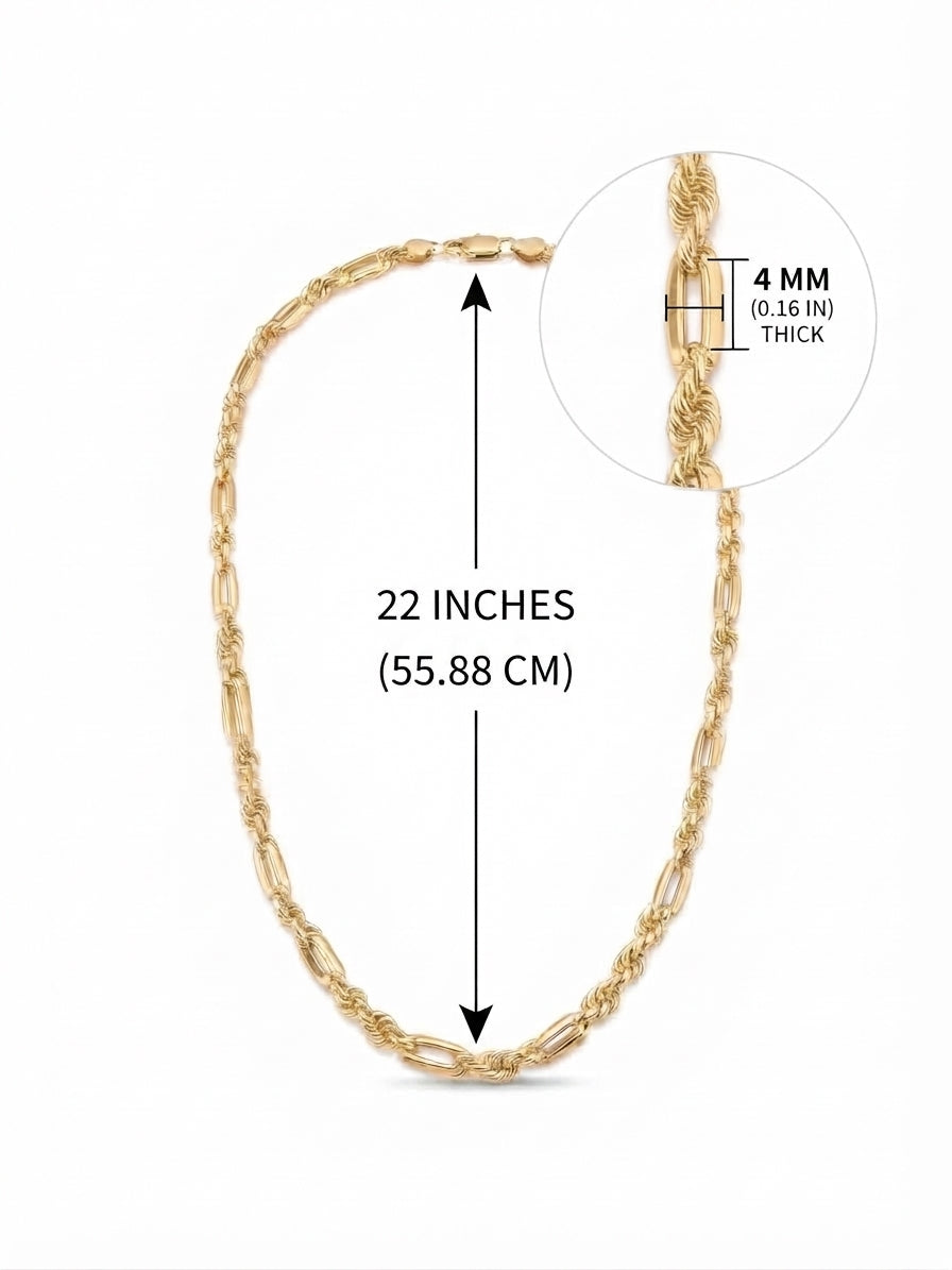 925 Sterling Silver Gold Plated Figarope Chain Necklace – 4mm, 22" or 24"