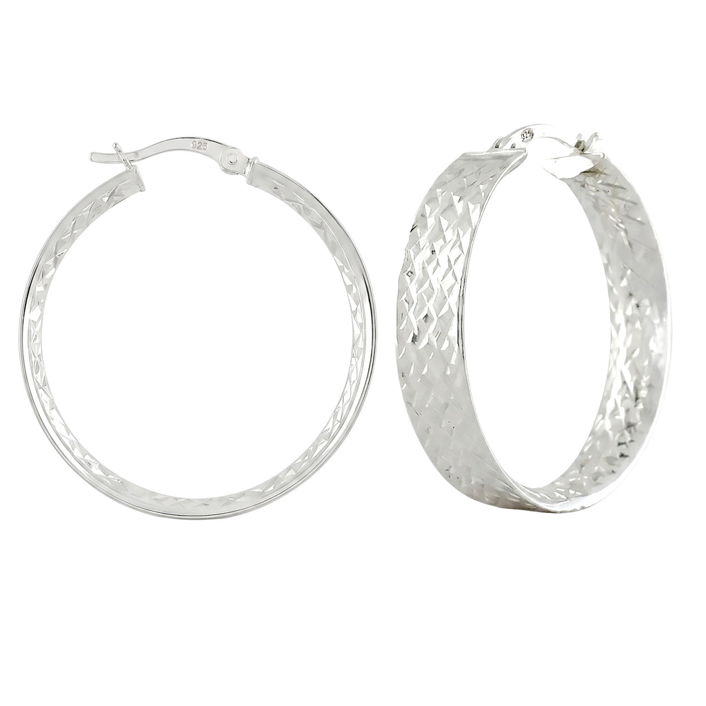 925 Sterling Silver Diamond Cut Semi Flat Hoop Earrings – 31mm Wide Sparkling Hoops