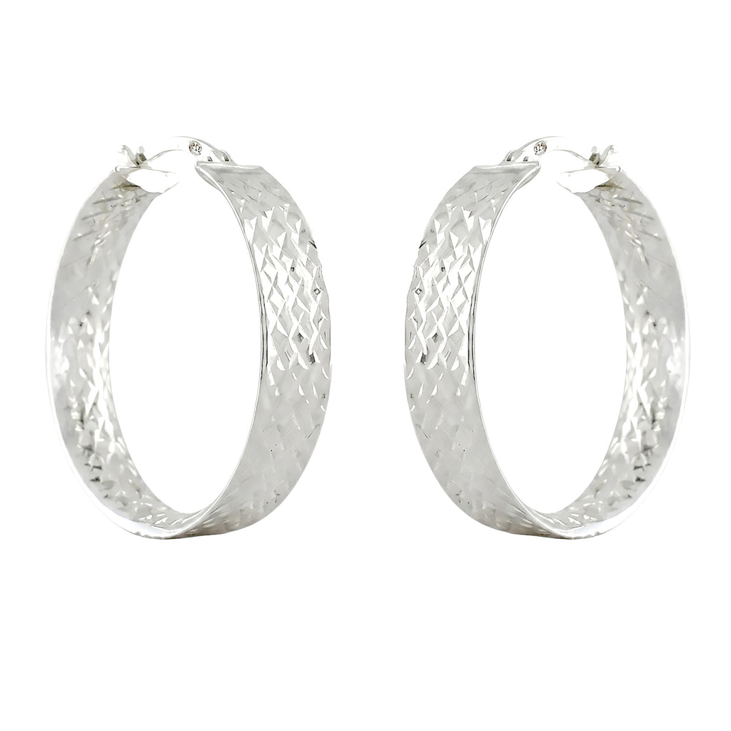 925 Sterling Silver Diamond Cut Semi Flat Hoop Earrings – 31mm Wide Sparkling Hoops