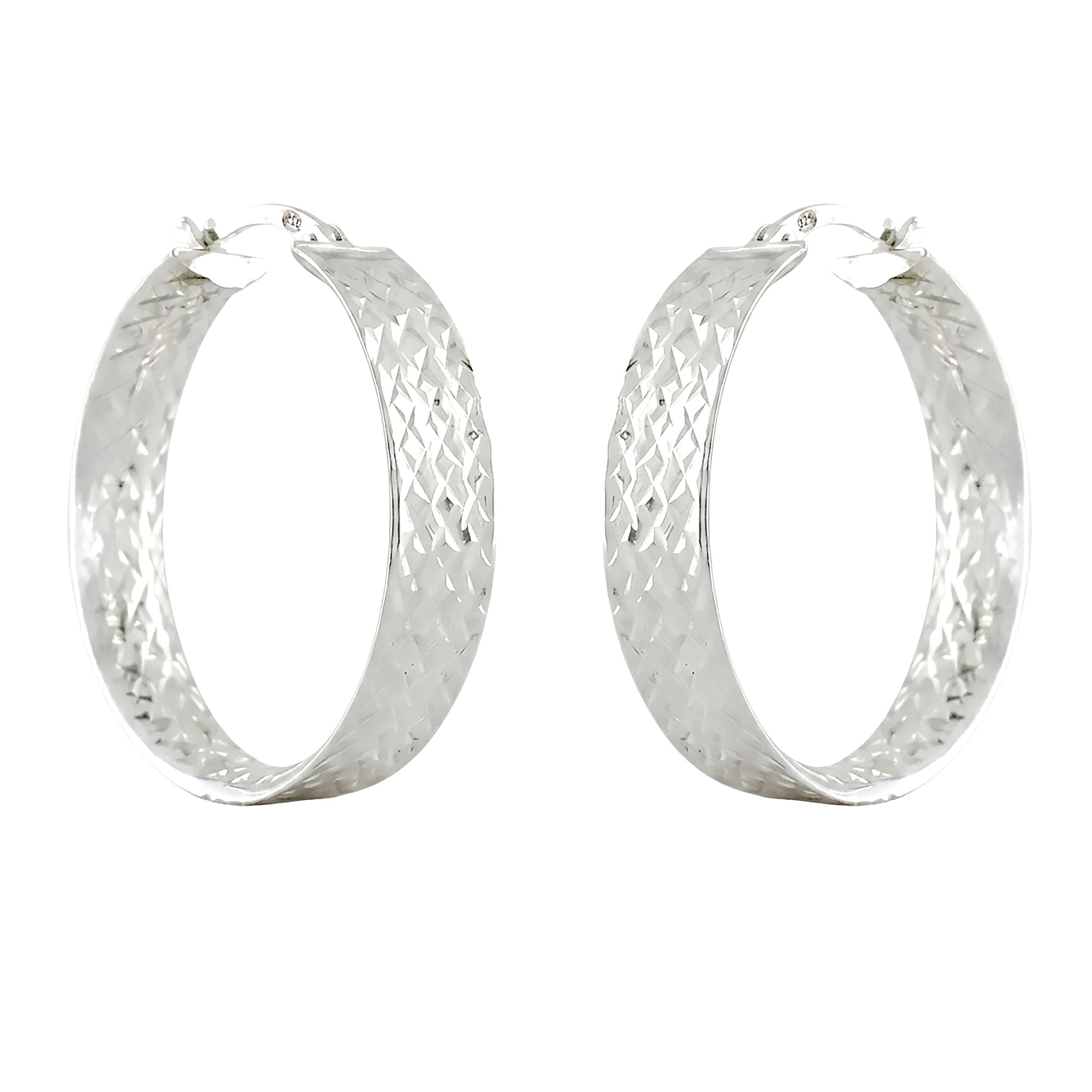 925 Sterling Silver Diamond Cut Semi Flat Hoop Earrings – 31mm Wide Sparkling Hoops
