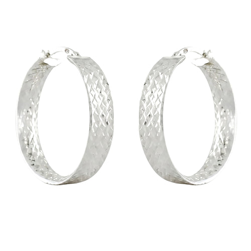 925 Sterling Silver Diamond Cut Semi Flat Hoop Earrings – 31mm Wide Sparkling Hoops