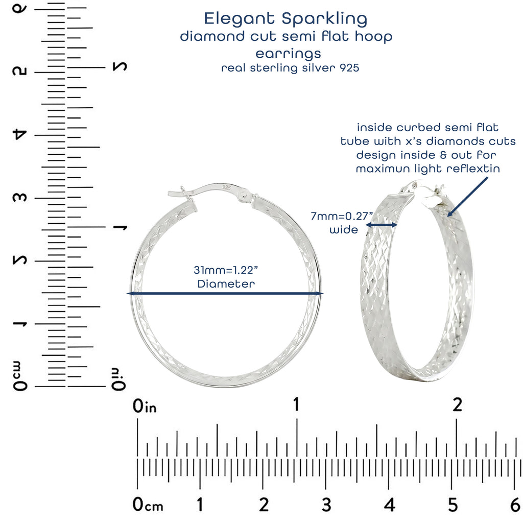925 Sterling Silver Diamond Cut Semi Flat Hoop Earrings – 31mm Wide Sparkling Hoops
