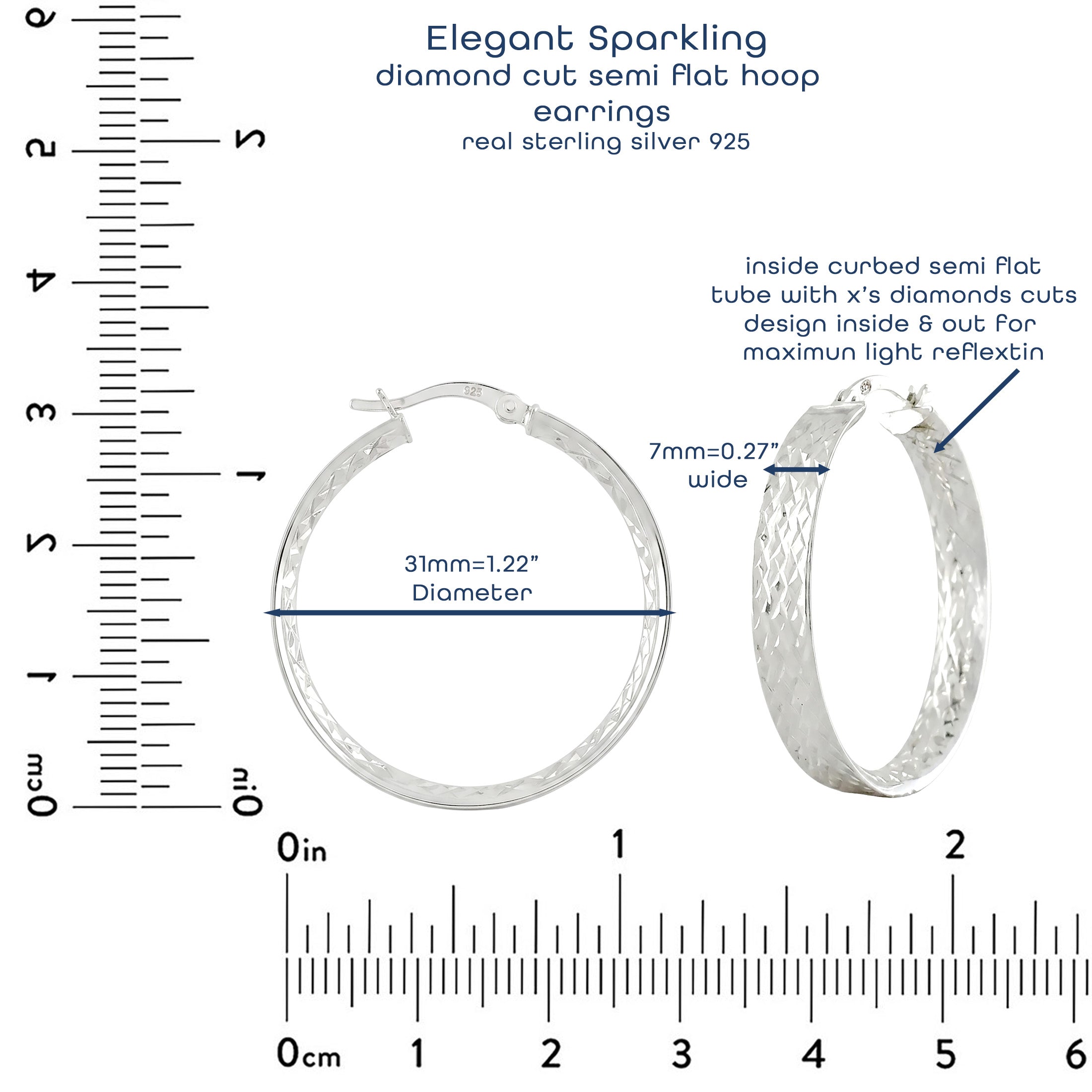 925 Sterling Silver Diamond Cut Semi Flat Hoop Earrings – 31mm Wide Sparkling Hoops