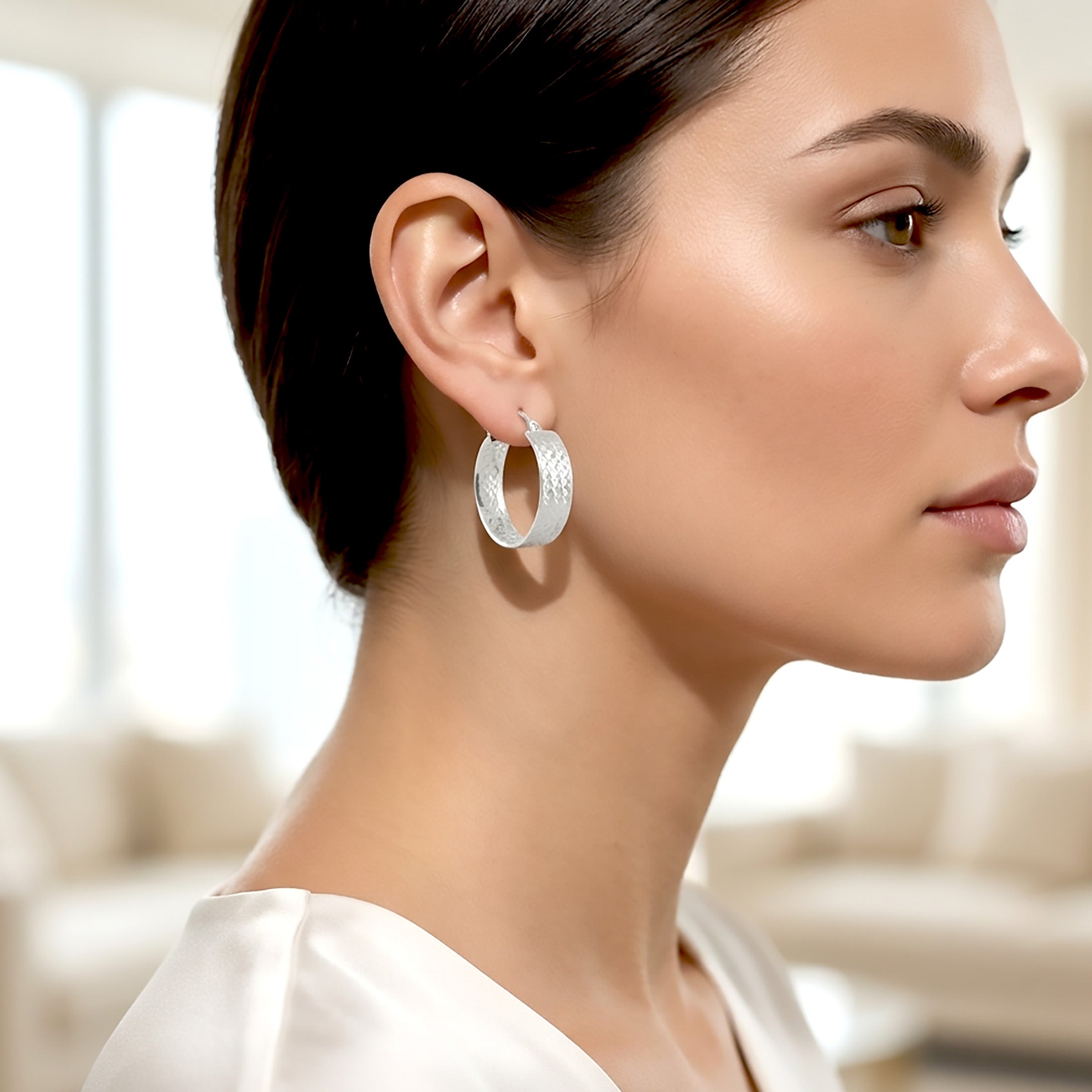 925 Sterling Silver Diamond Cut Semi Flat Hoop Earrings – 31mm Wide Sparkling Hoops
