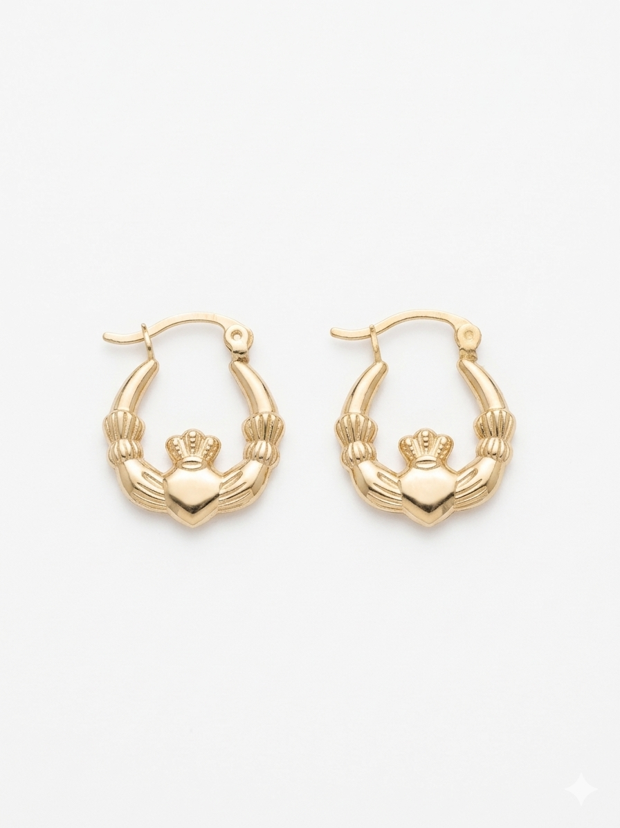 Real 14k Yellow Gold Claddagh Hoop Earrings - Genuine Irish Celtic Heart gold hoops for Men or for Women-Fine Jewelry Gift
