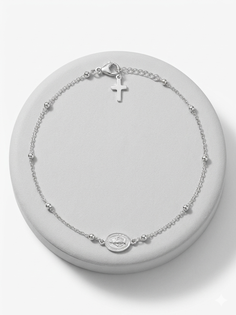 Sterling Silver Miraculous Medal Rosary Anklet with Cross, Adjustable Dainty Faith Jewelry