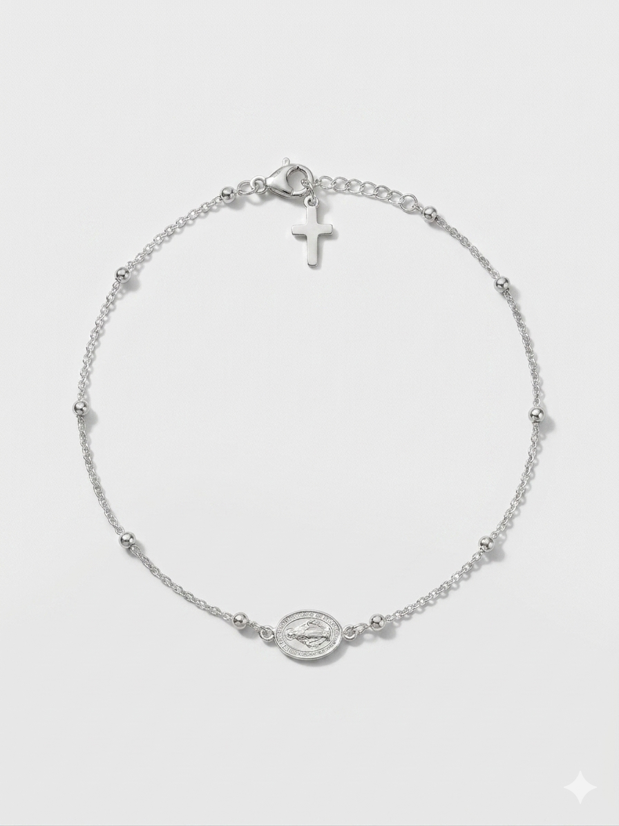 Sterling Silver Miraculous Medal Rosary Anklet with Cross, Adjustable Dainty Faith Jewelry