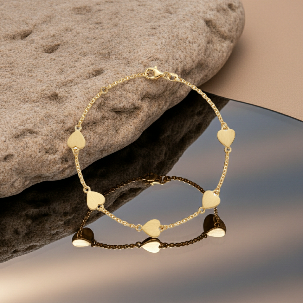 925 Sterling Silver Gold Overlay Flat Heart Adjustable Bracelet