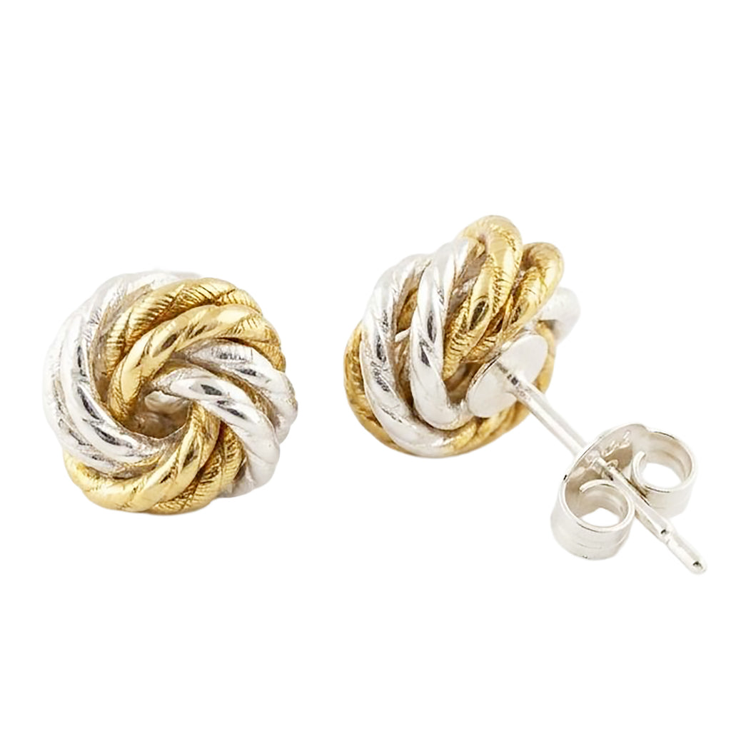 Two-Tone Sterling Silver Knot Stud Earrings, Twisted Gold and Silver Design