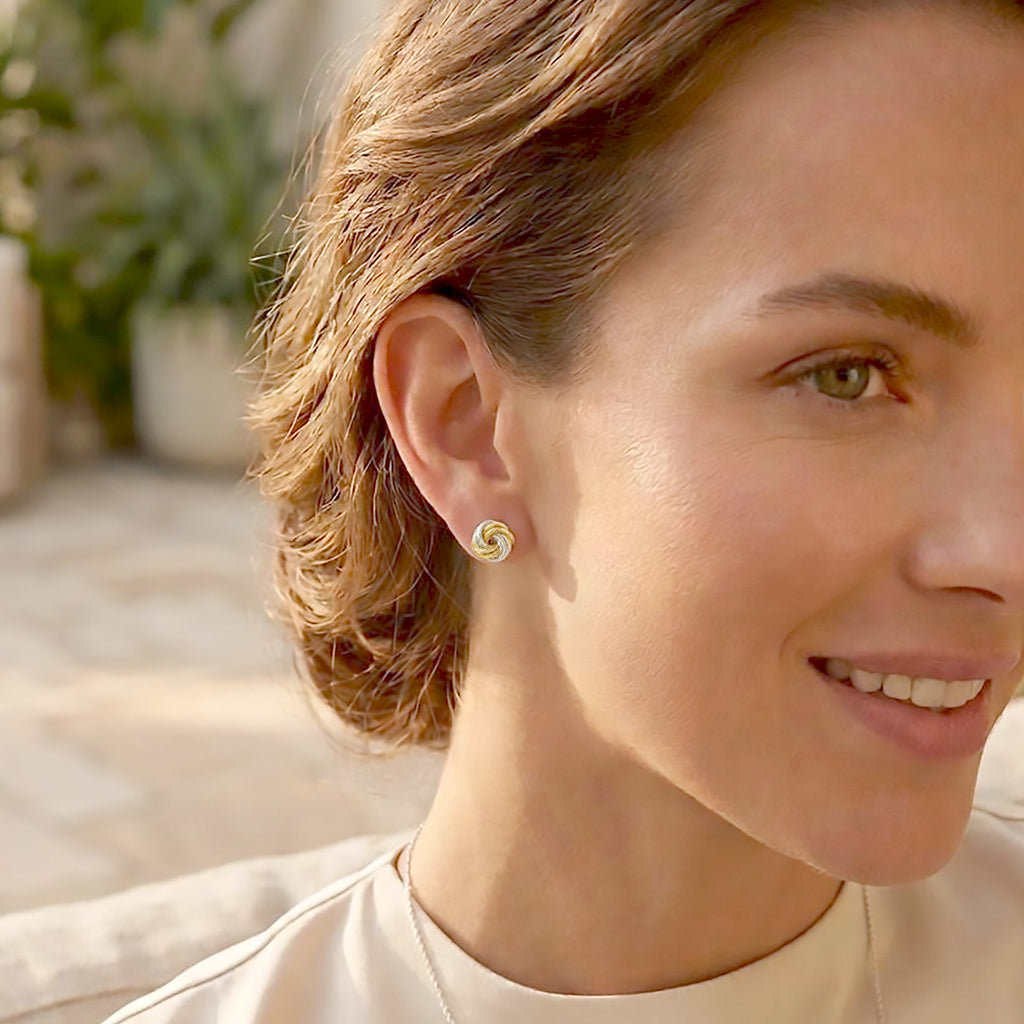 Two-Tone Sterling Silver Knot Stud Earrings, Twisted Gold and Silver Design
