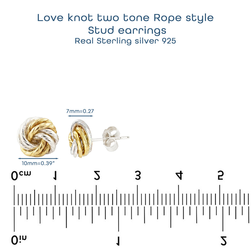 Two-Tone Sterling Silver Knot Stud Earrings, Twisted Gold and Silver Design