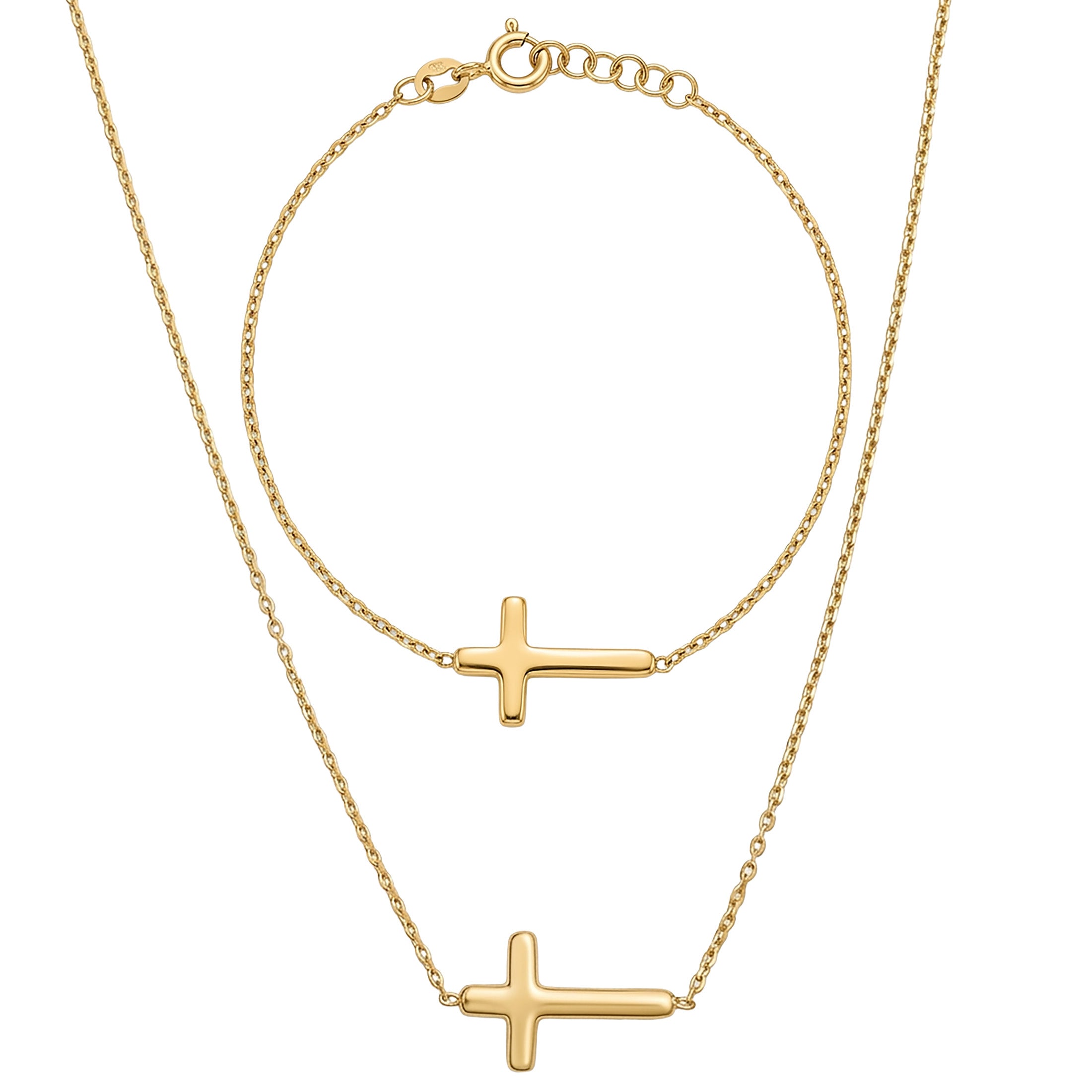 Sterling Silver or Gold Plated Sideways Cross Necklace & Bracelet Set